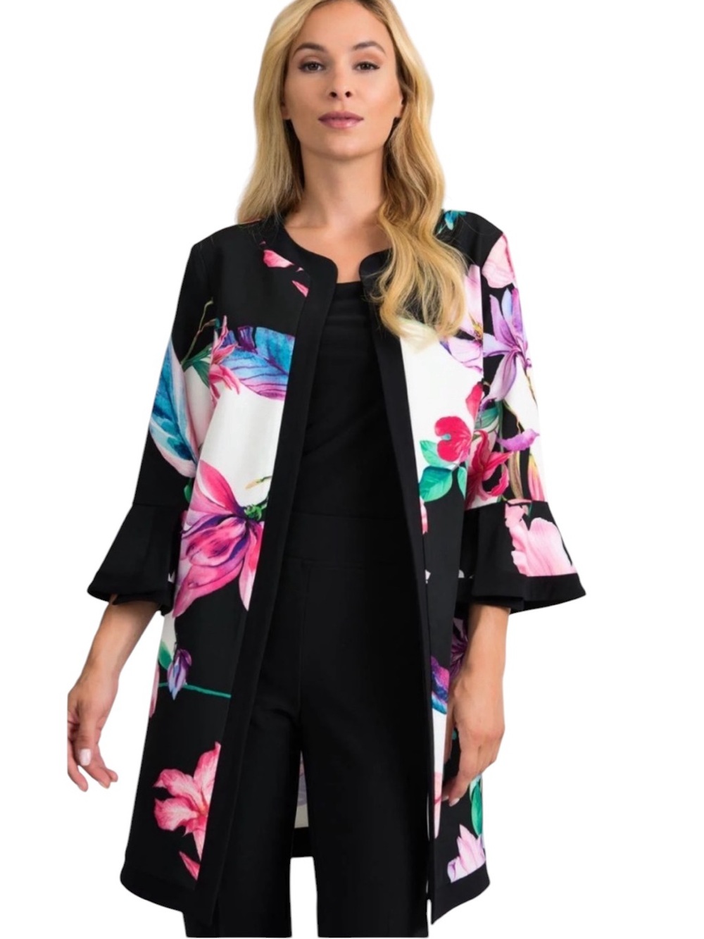 Joseph Ribkoff Women's Black Multi-Color Floral Duster Jacket Feminine Size 12
